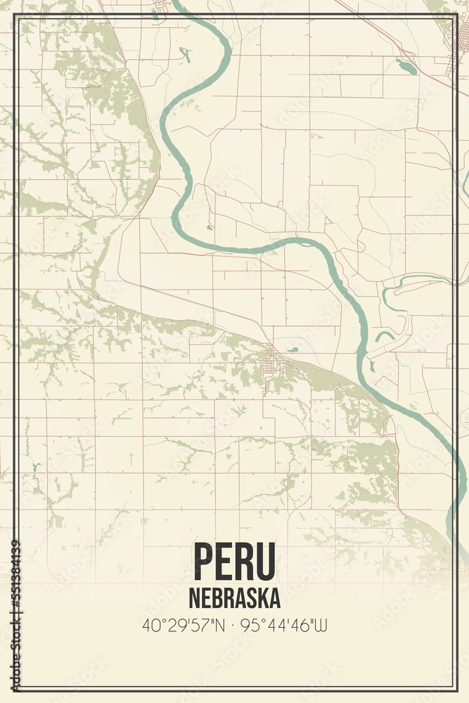 Obraz premium Retro US city map of Peru, Nebraska. Vintage street map.