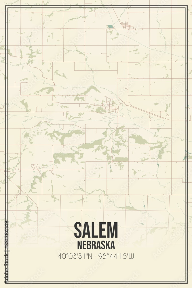 Retro US city map of Salem, Nebraska. Vintage street map.