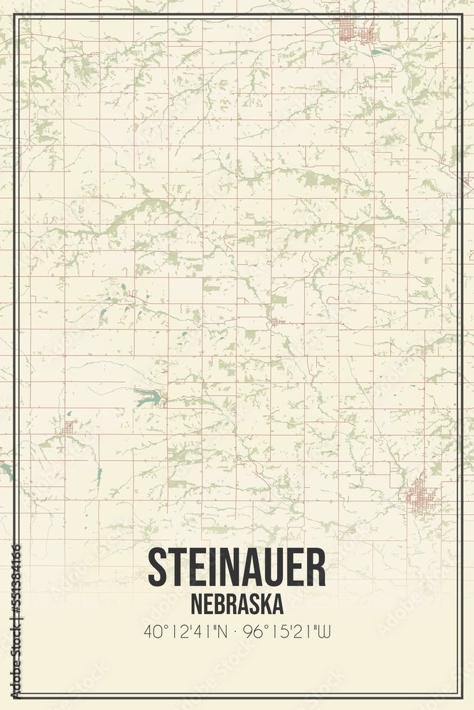 Retro US city map of Steinauer, Nebraska. Vintage street map.
