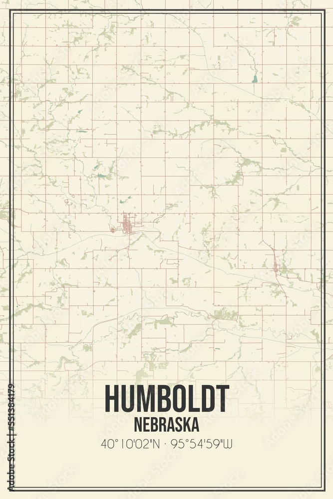 Retro US city map of Humboldt, Nebraska. Vintage street map.