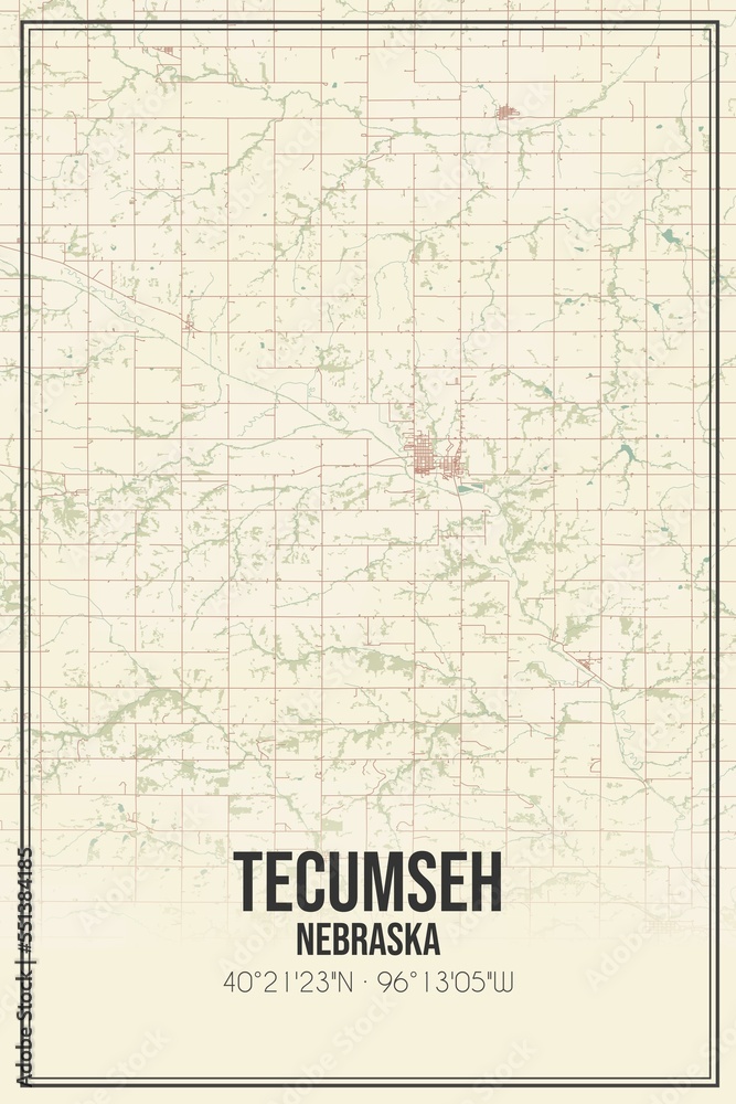 Retro US city map of Tecumseh, Nebraska. Vintage street map.