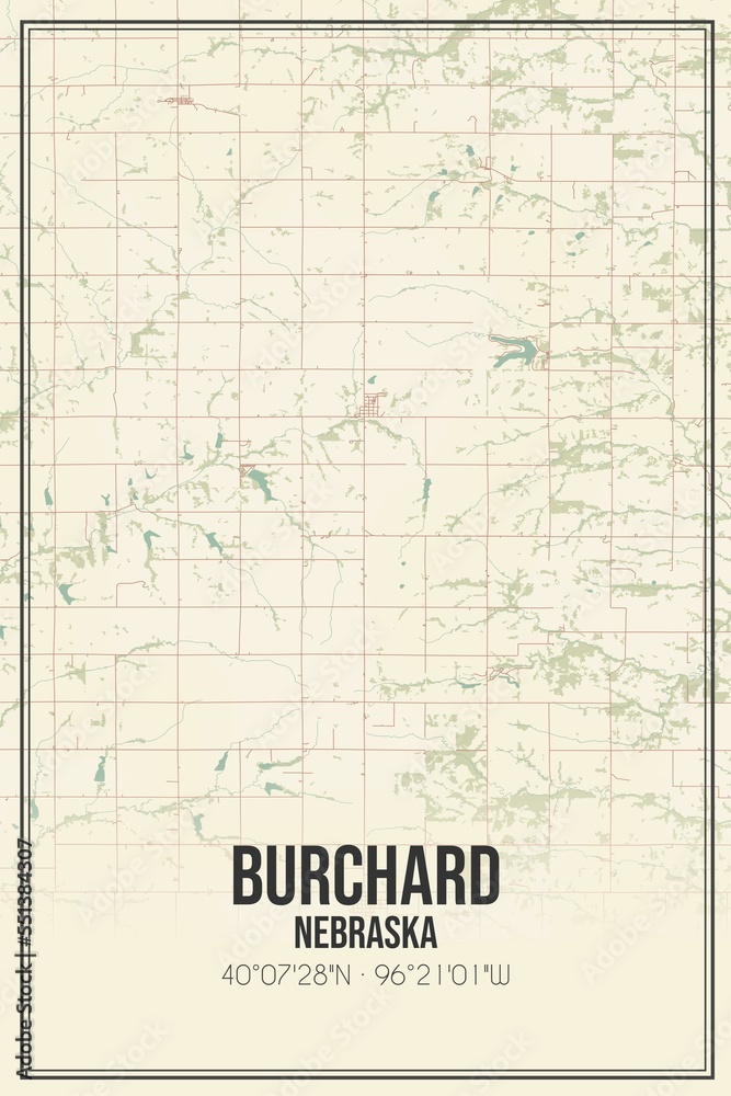 Retro US city map of Burchard, Nebraska. Vintage street map.