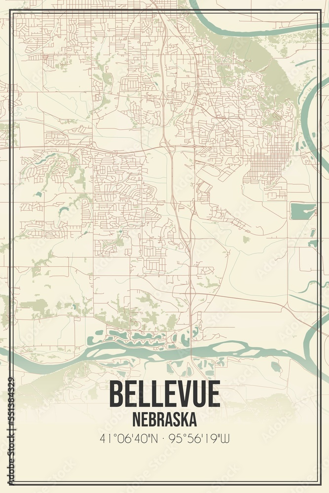 Retro US city map of Bellevue, Nebraska. Vintage street map.