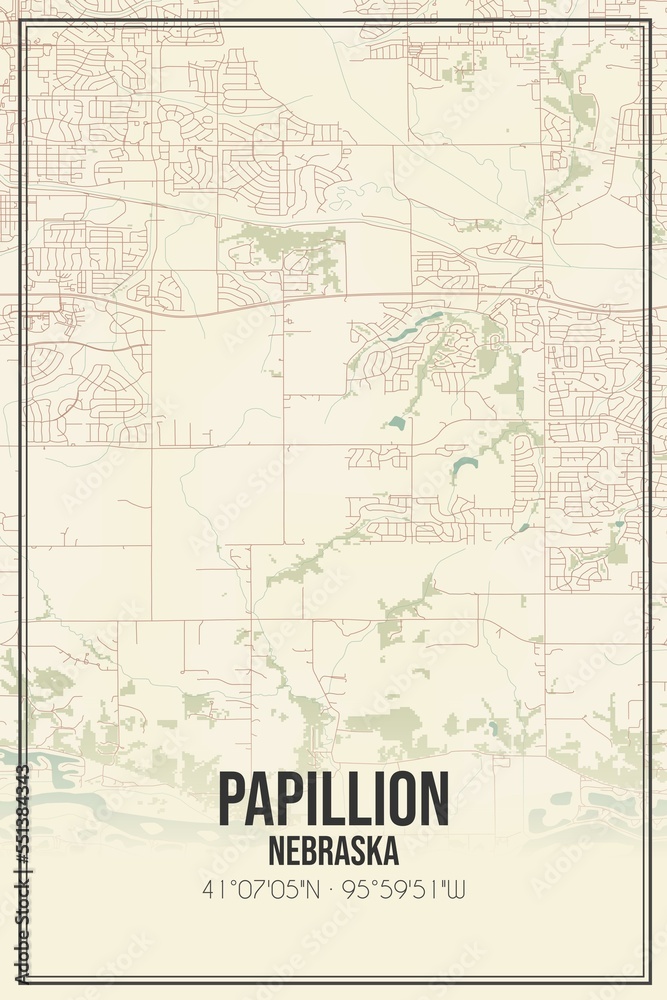 Retro US city map of Papillion, Nebraska. Vintage street map.