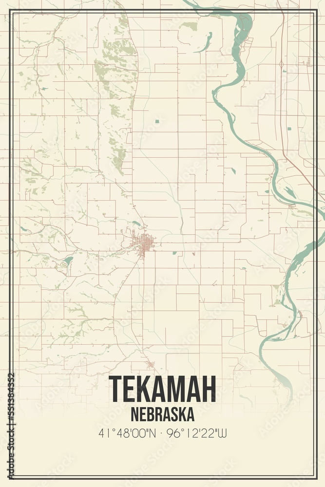 Retro US city map of Tekamah, Nebraska. Vintage street map.