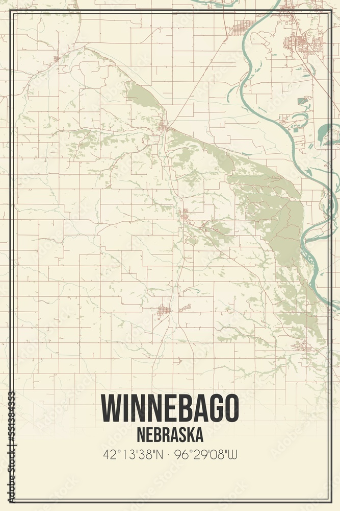 Retro US city map of Winnebago, Nebraska. Vintage street map.