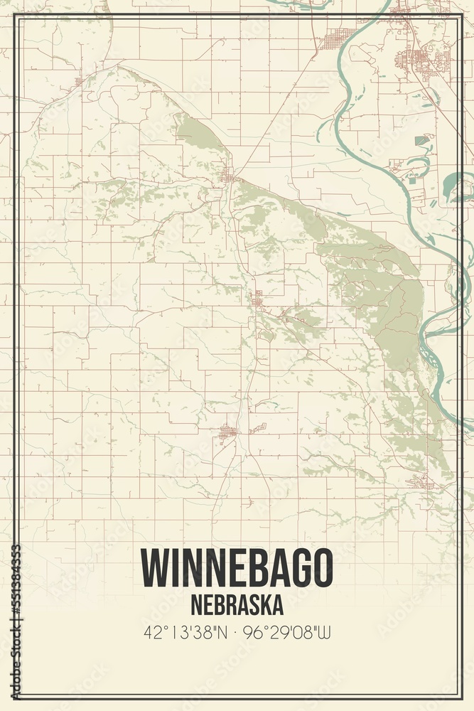 Fototapeta premium Retro US city map of Winnebago, Nebraska. Vintage street map.