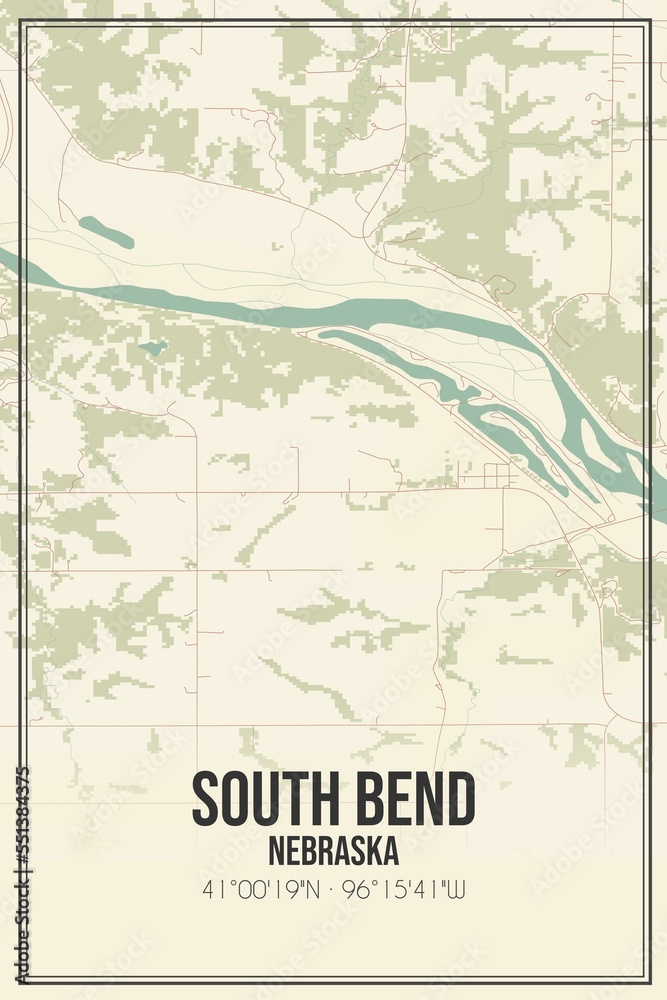 Retro US city map of South Bend, Nebraska. Vintage street map.