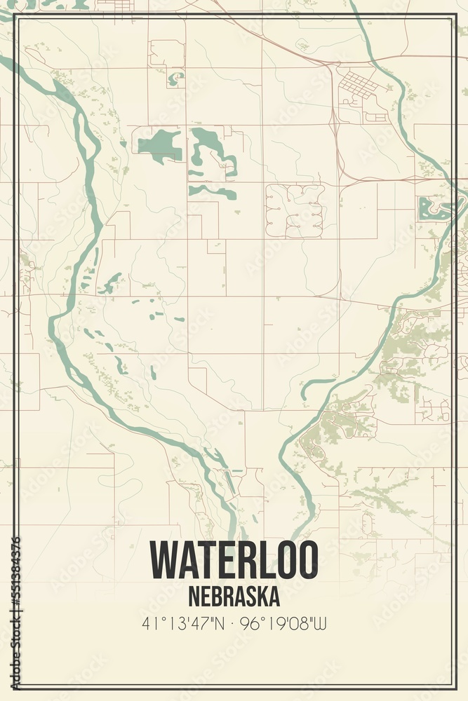 Retro US city map of Waterloo, Nebraska. Vintage street map.