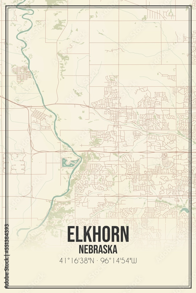Retro US city map of Elkhorn, Nebraska. Vintage street map.