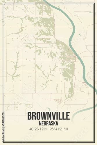 Retro US city map of Brownville  Nebraska. Vintage street map.