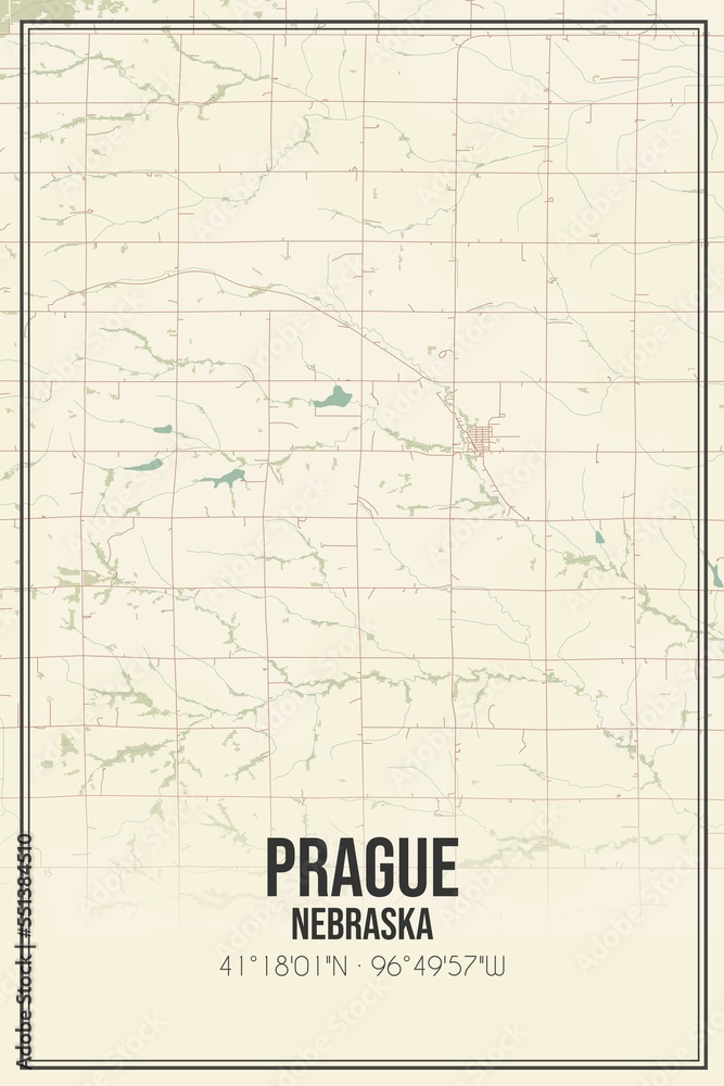 Retro US city map of Prague, Nebraska. Vintage street map.
