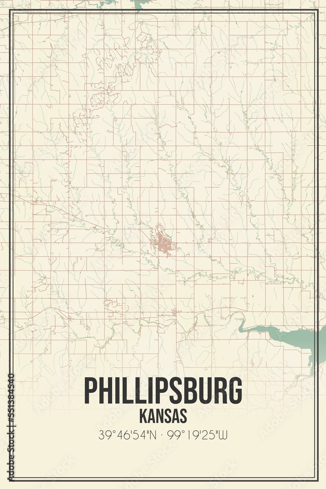 Retro US city map of Phillipsburg, Kansas. Vintage street map.
