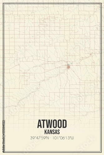 Retro US city map of Atwood, Kansas. Vintage street map. photo