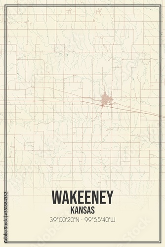 Retro US city map of Wakeeney, Kansas. Vintage street map.