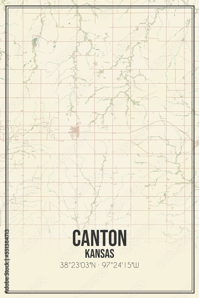 Retro US city map of Canton, Kansas. Vintage street map.