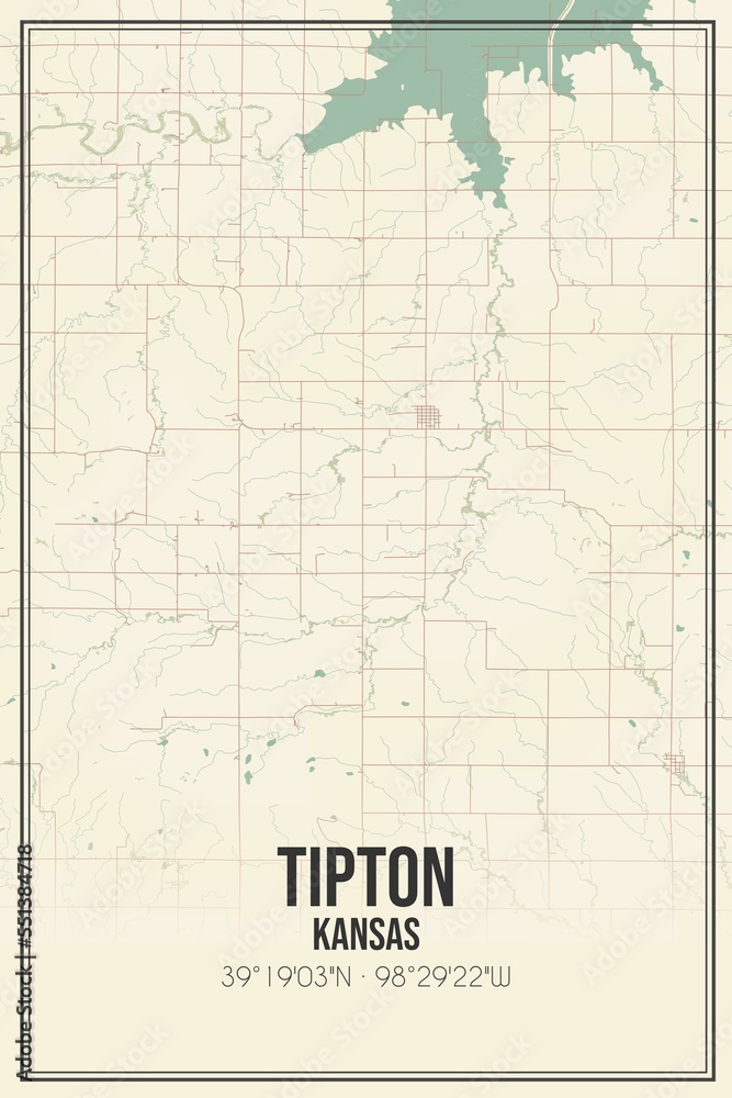 Retro US city map of Tipton, Kansas. Vintage street map.