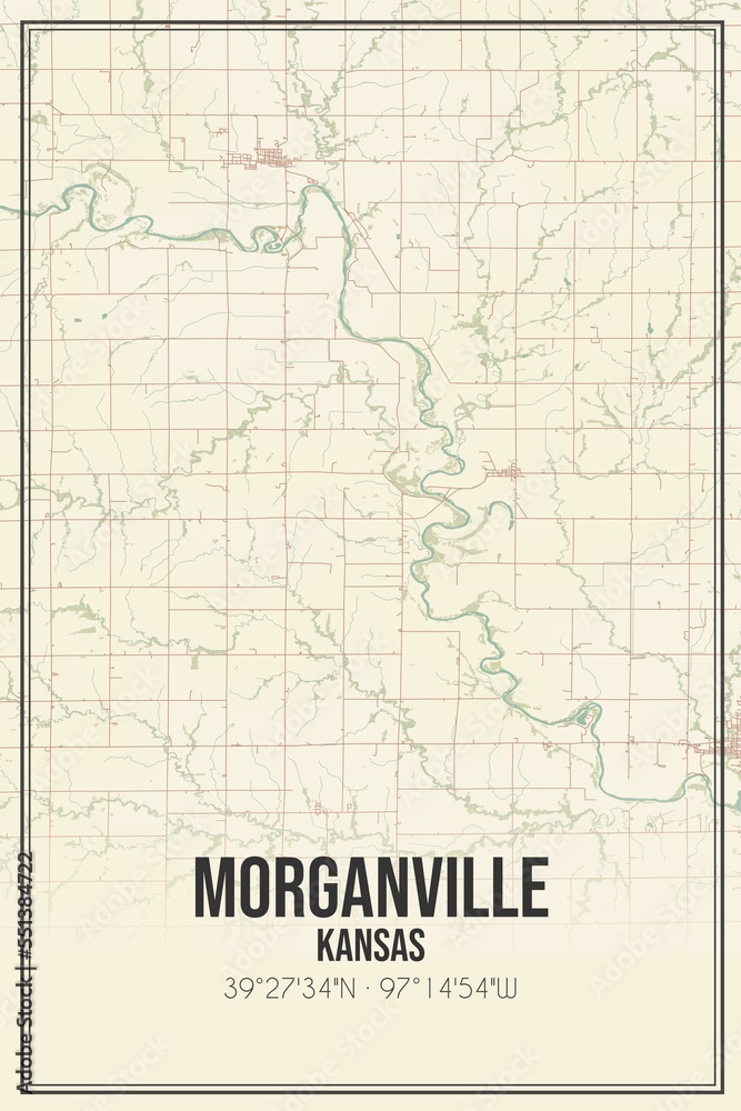 Retro US city map of Morganville, Kansas. Vintage street map.