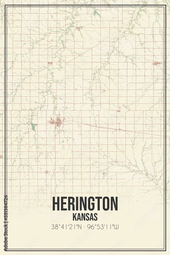 Retro US city map of Herington, Kansas. Vintage street map.