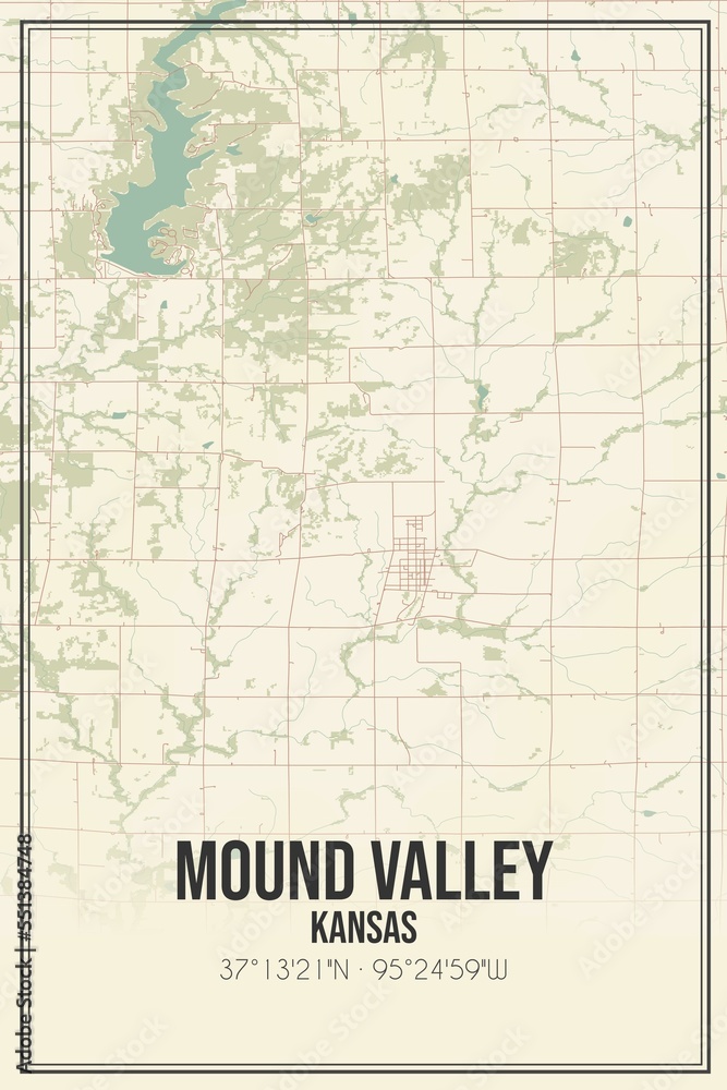 Retro US city map of Mound Valley, Kansas. Vintage street map.