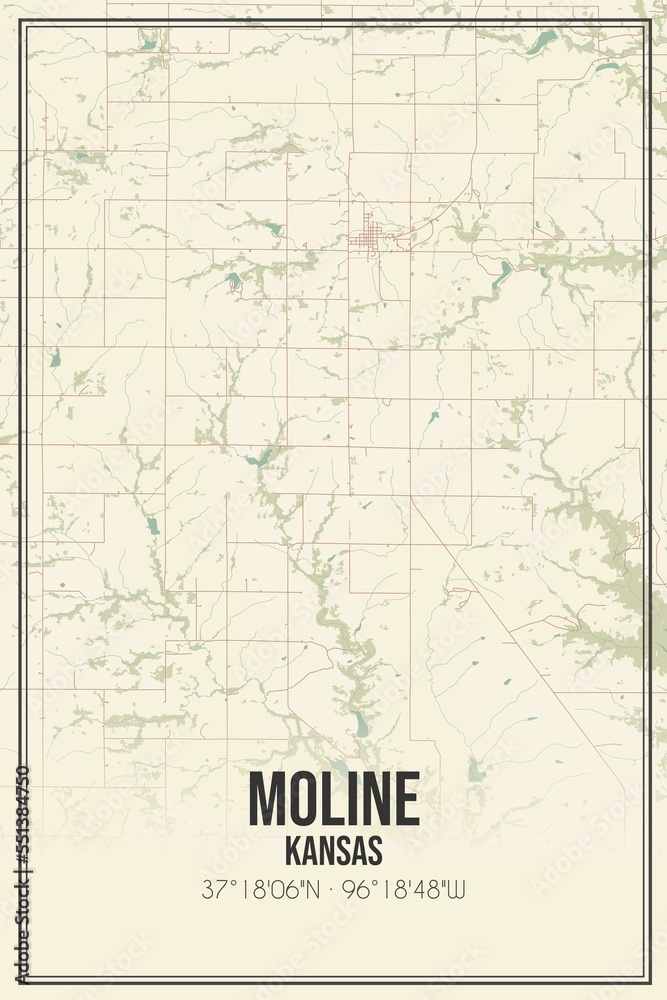 Retro US city map of Moline, Kansas. Vintage street map.