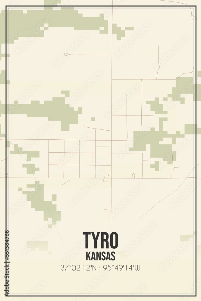 Retro US city map of Tyro, Kansas. Vintage street map.