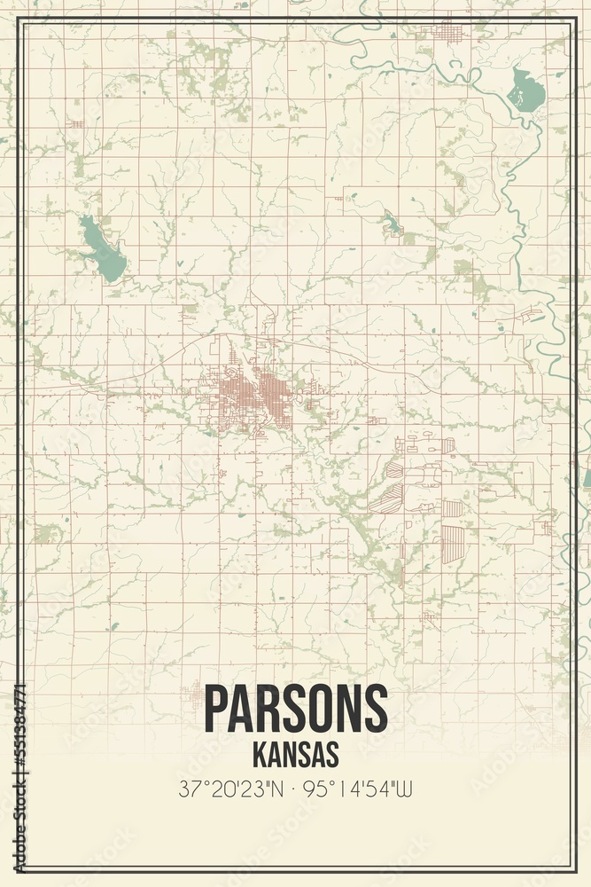 Retro US city map of Parsons, Kansas. Vintage street map.