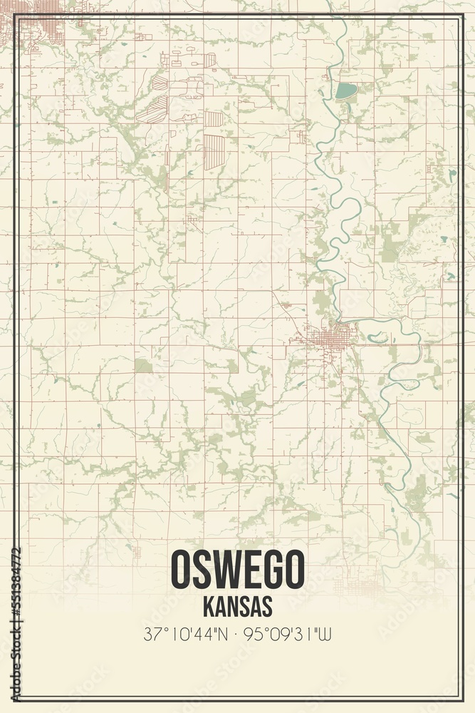 Retro US city map of Oswego, Kansas. Vintage street map.
