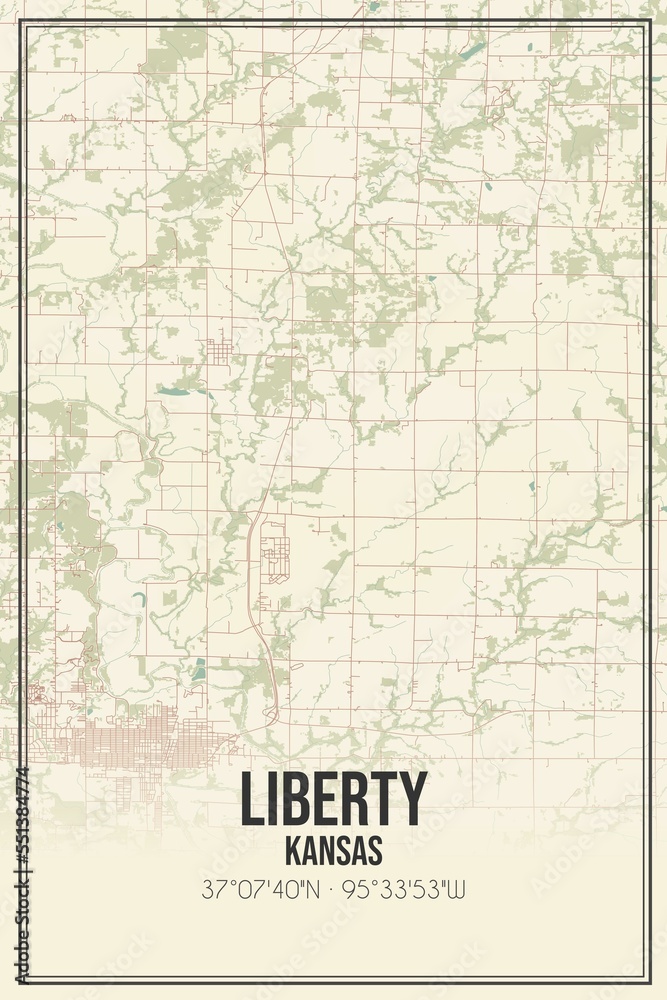 Retro US city map of Liberty, Kansas. Vintage street map.