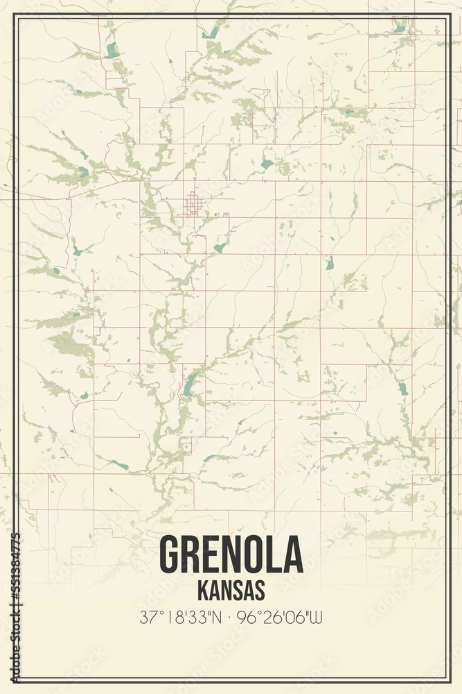 Retro US city map of Grenola, Kansas. Vintage street map.