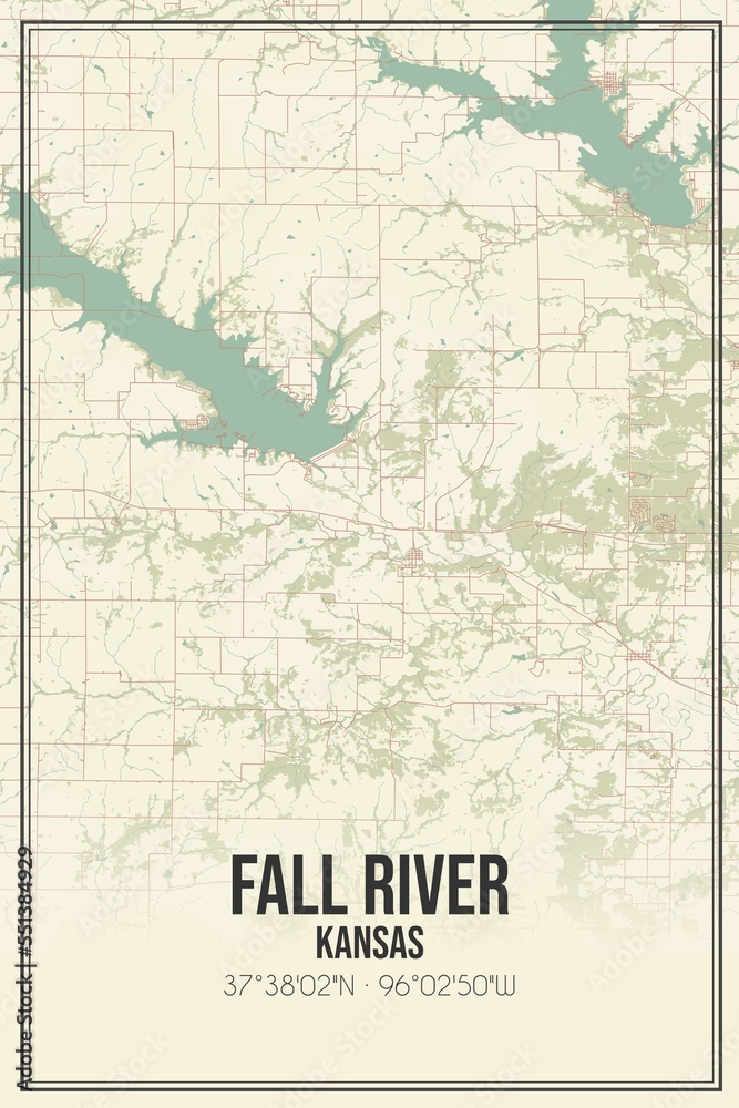 Retro US city map of Fall River, Kansas. Vintage street map.