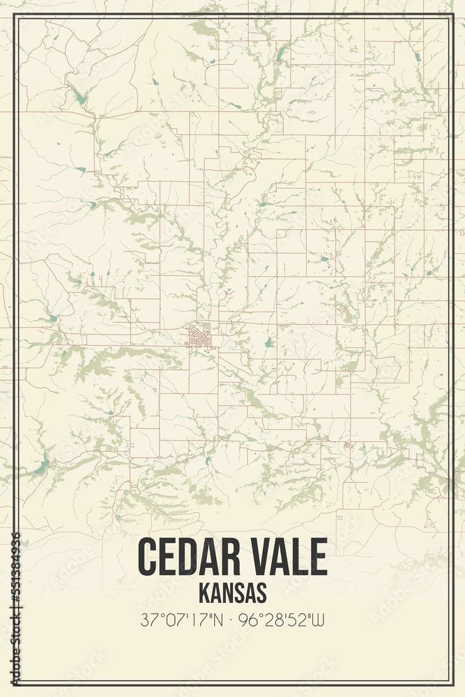Retro US city map of Cedar Vale, Kansas. Vintage street map.