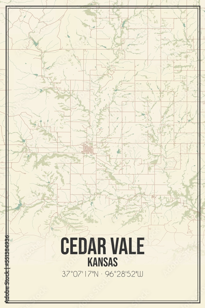 Fototapeta premium Retro US city map of Cedar Vale, Kansas. Vintage street map.