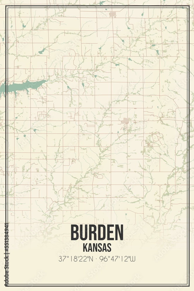 Retro US city map of Burden, Kansas. Vintage street map.