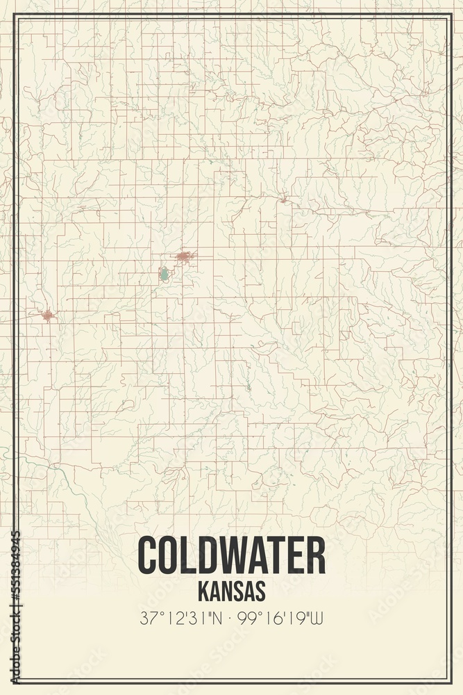 Retro US city map of Coldwater, Kansas. Vintage street map.