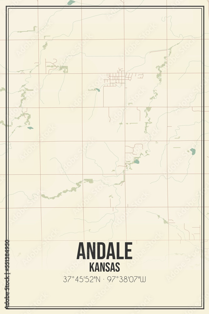Retro US city map of Andale, Kansas. Vintage street map.