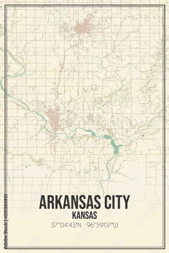 Retro US city map of Arkansas City, Kansas. Vintage street map.