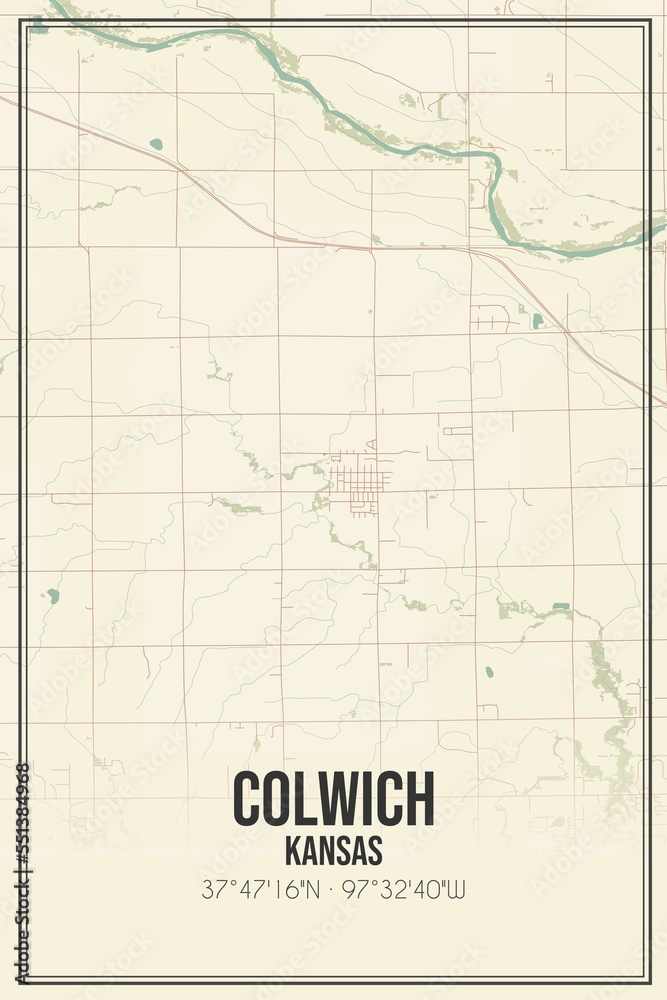 Retro US city map of Colwich, Kansas. Vintage street map.