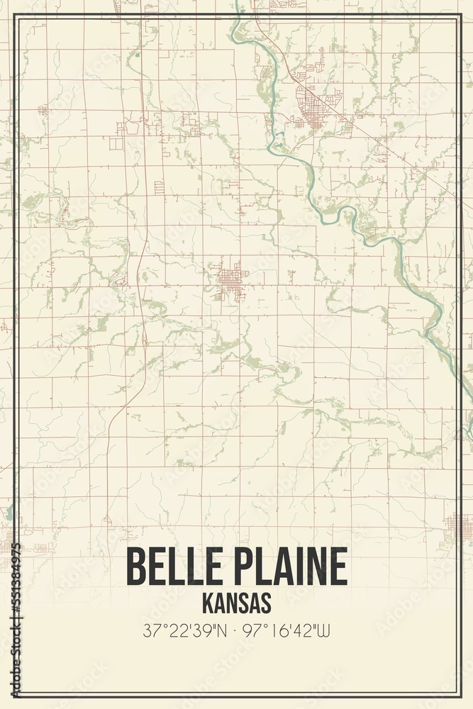 Obraz premium Retro US city map of Belle Plaine, Kansas. Vintage street map.