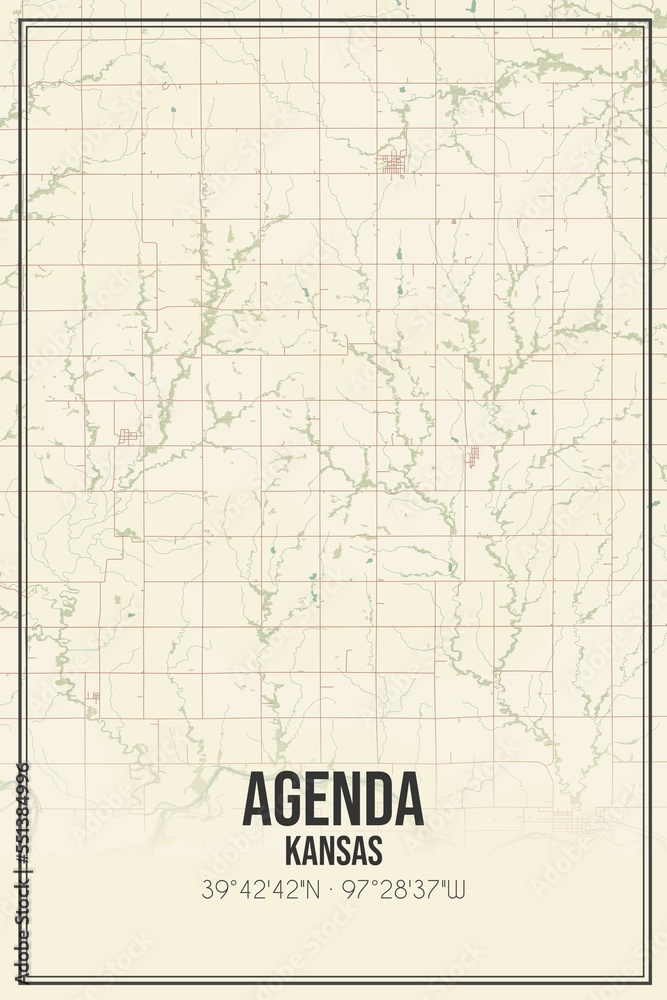 Fototapeta premium Retro US city map of Agenda, Kansas. Vintage street map.