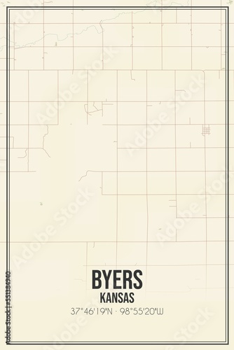 Retro US city map of Byers, Kansas. Vintage street map. photo