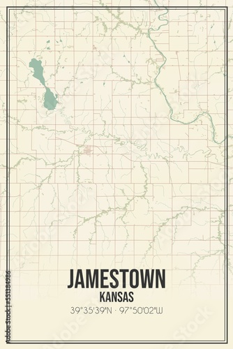 Retro US city map of Jamestown  Kansas. Vintage street map.
