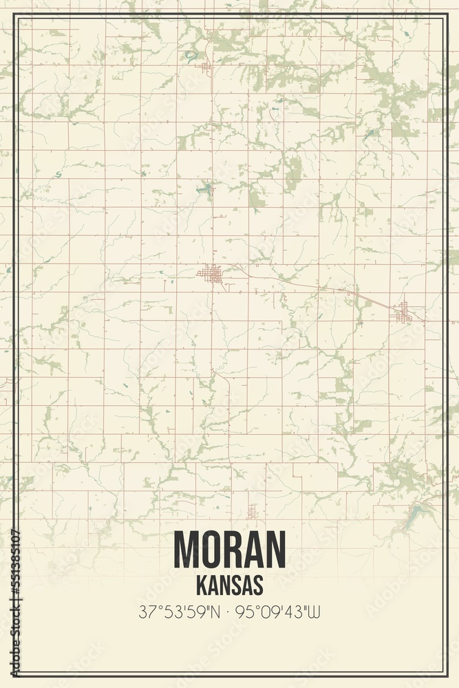 Retro US city map of Moran, Kansas. Vintage street map.