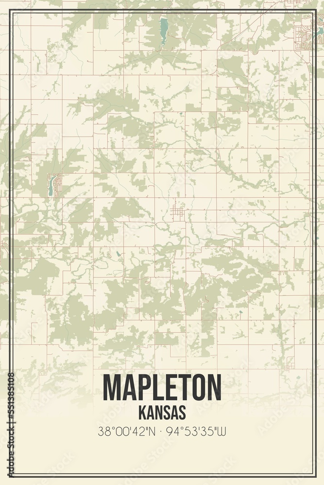 Retro US city map of Mapleton, Kansas. Vintage street map.