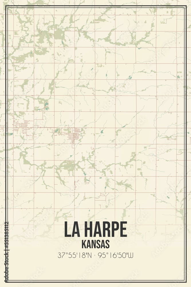 Retro US city map of La Harpe, Kansas. Vintage street map.