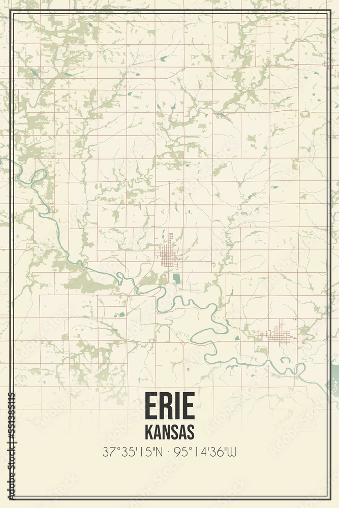 Retro US city map of Erie, Kansas. Vintage street map.
