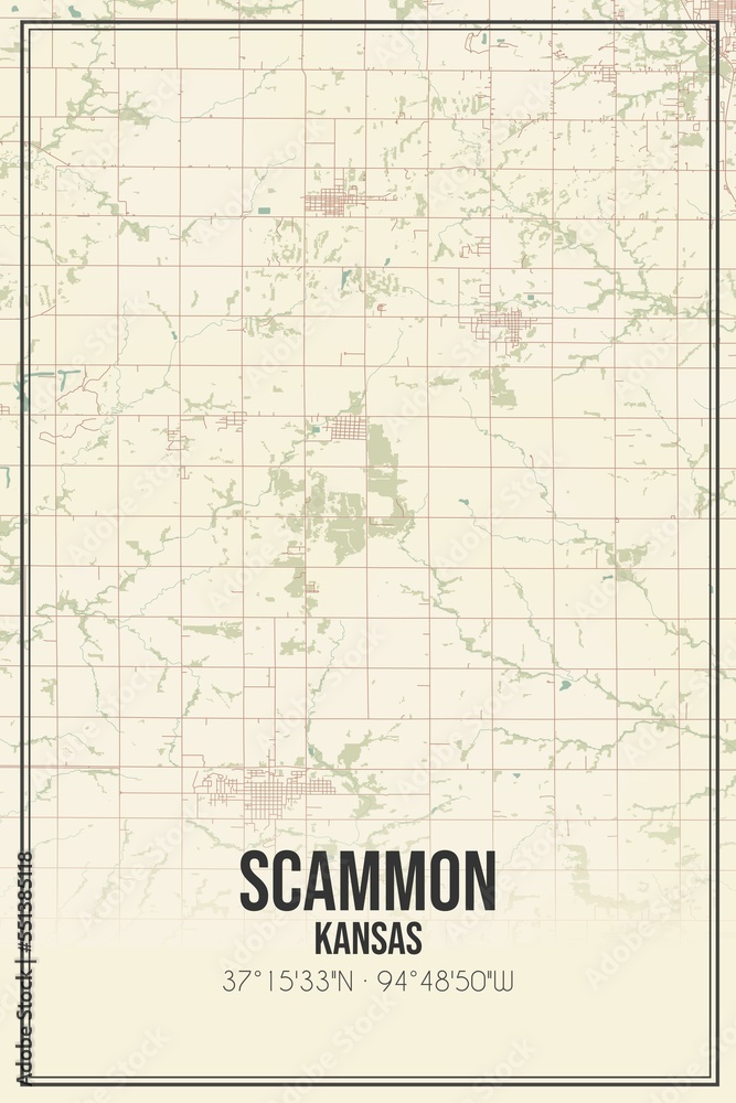 Retro US city map of Scammon, Kansas. Vintage street map.