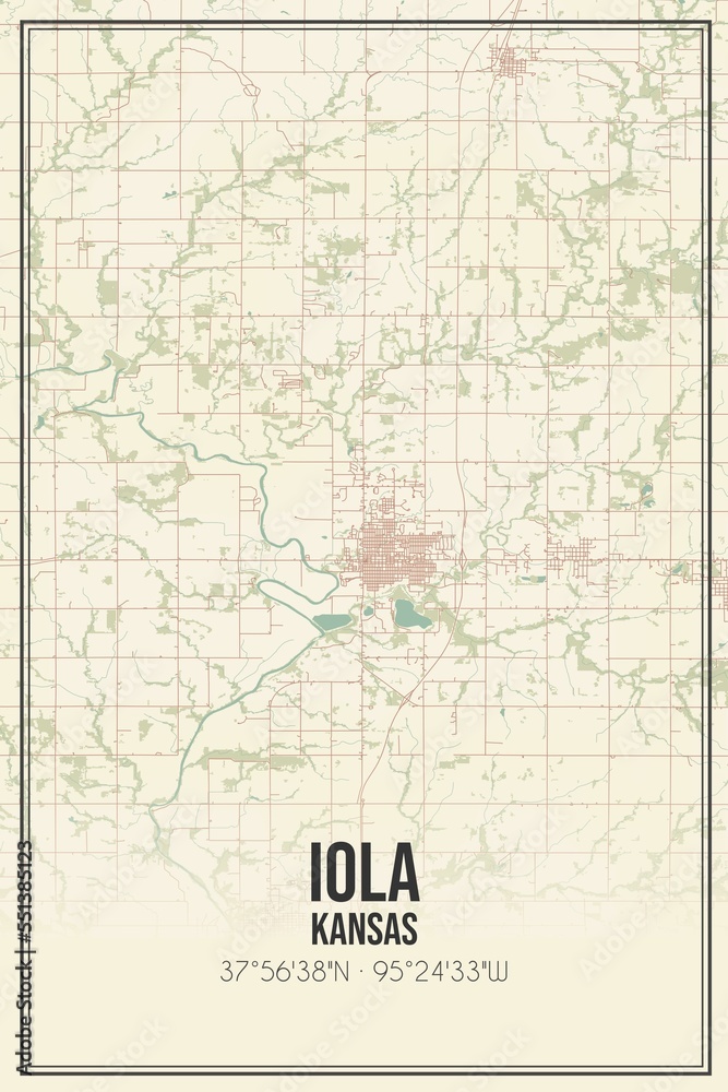 Retro US city map of Iola, Kansas. Vintage street map.