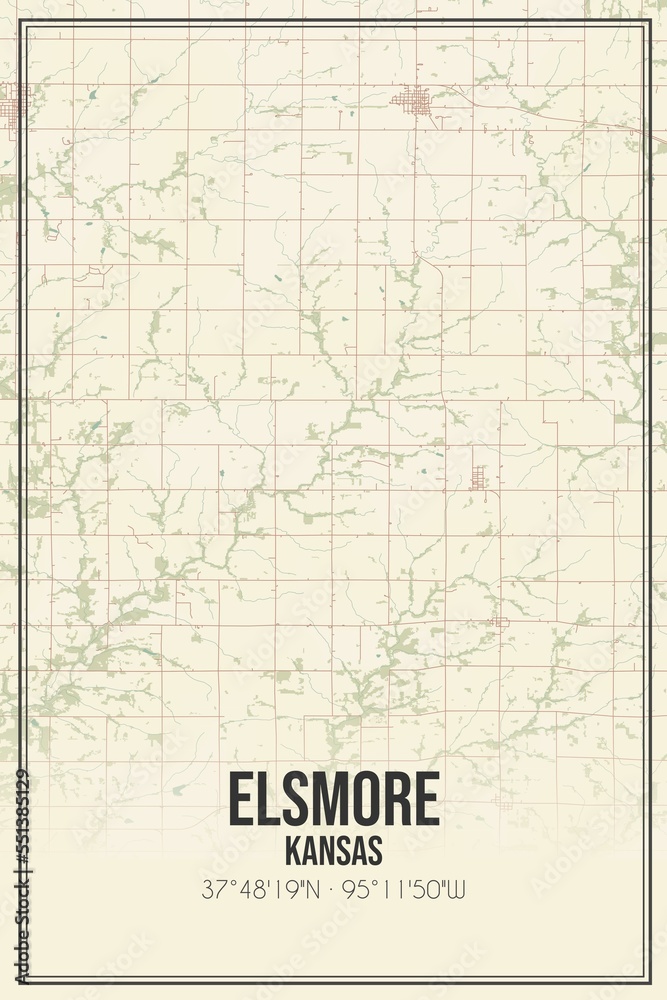 Retro US city map of Elsmore, Kansas. Vintage street map.