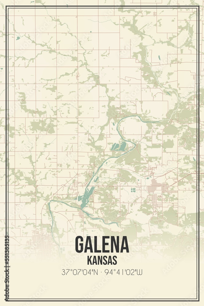 Retro US city map of Galena, Kansas. Vintage street map.